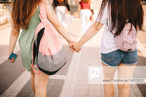 Back view of lesbian couple holding hands while walking in city