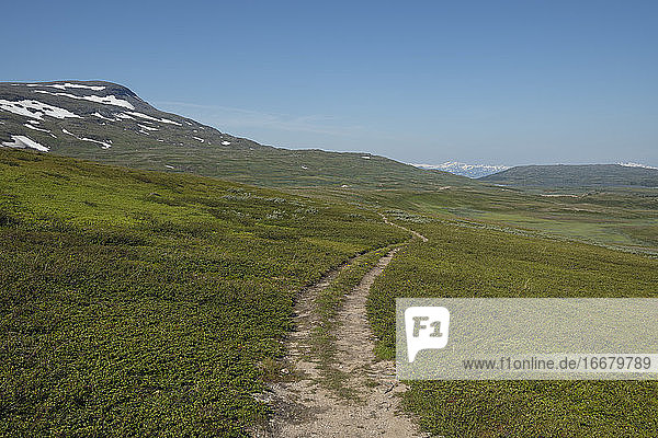 Einspuriger Weg des Padjelantaleden-Trails durch Hochgebirgsgelände nördlich von Duottar im Padjelanta-Nationalpark  Lappland  Schweden