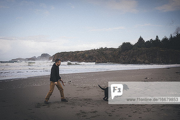 A man is playing with a dog on the Californian beach