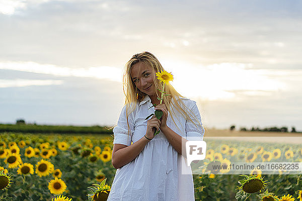 Young attractive blonde woman posing in her designer dress in a field of sunflowers
