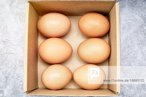 Hühnereier in einer Pappschachtel zum Verkauf. Gesundes Lebensmittelkonzept