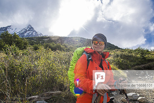 Female hiker on the way up to Torres del Paine National Park