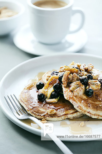 Blueberry Banana Walnut Pancakes with Syrup