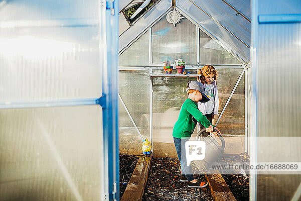 Zwei junge Kinder kümmern sich um Pflanzen im Gewächshaus