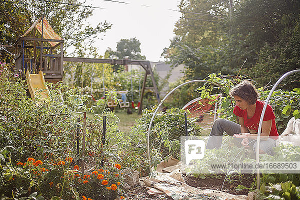Eine Frau pflanzt Samen in einem sonnenbeschienenen städtischen Hinterhofgarten mit Spielgerät