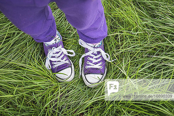 Mädchen in lila Hosen und Schuhen steht in langem grünen Gras