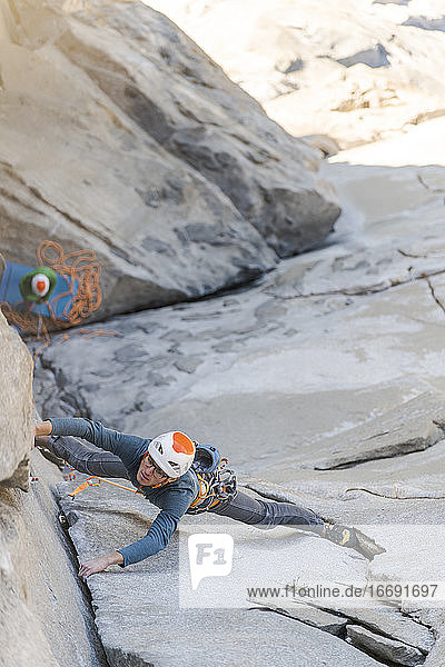 Rock climber crack climbing on the Nose  El Capitan in Yosemite