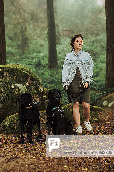 Frau steht mit zwei schwarzen Labradorhunden an der Leine im Wald