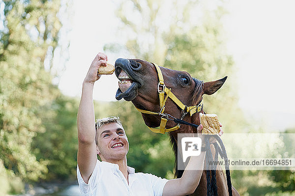 Porträt eines jungen blonden Mannes  der sein Pferd mit Brot füttert
