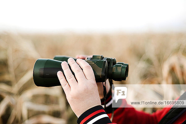 Cropped hands of woman holding binoculars at farm