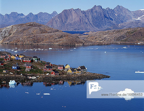 the arctic village of Kulusuk on a calm summer day