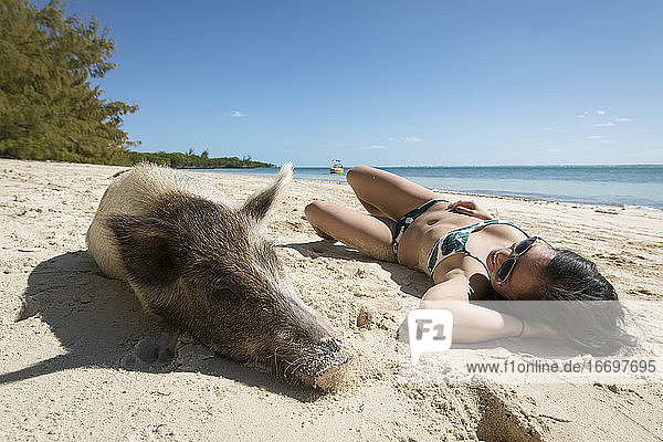 Junge Frau entspannt sich bei einem Schwein am Strand an einem sonnigen Tag