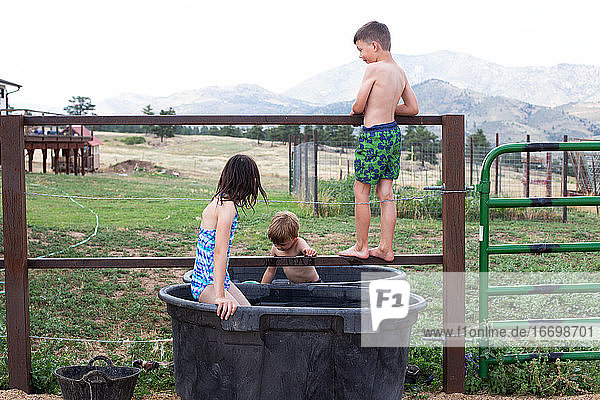 Kinder spielen im Sommer in der Pferdetränke