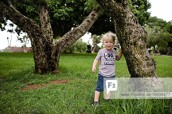 Zweijähriges Kind posiert neben einem Baum im Park