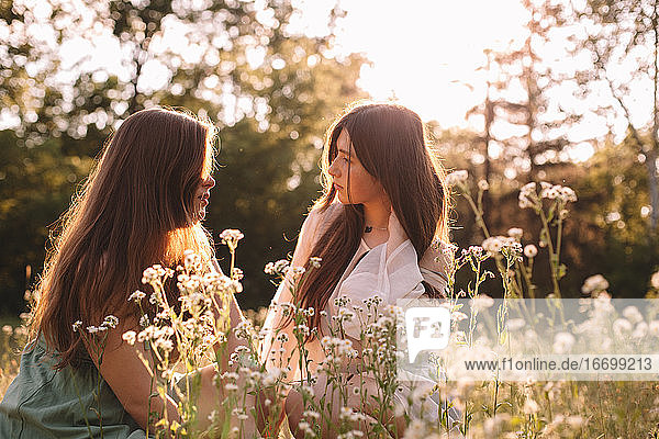 Lesbisches Paar im Gespräch inmitten von Blumen im Sommerwald