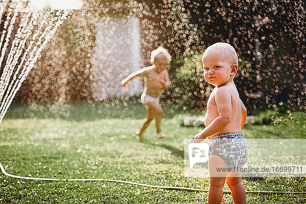 Kleine Kinder spielen mit Wasser aus dem Rasensprenger im Hinterhof