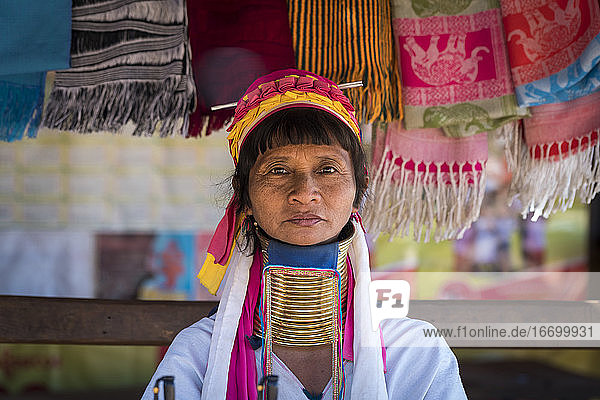 Portrait of Burmese woman from Kayan tribe  Loikaw  Myanmar