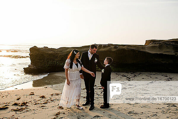 Newlyweds & Nine Year Old Son on Beach at Sunset in San Diego