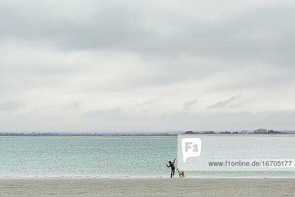 Junge wirft mit Hund am Strand Kieselsteine ins Meer