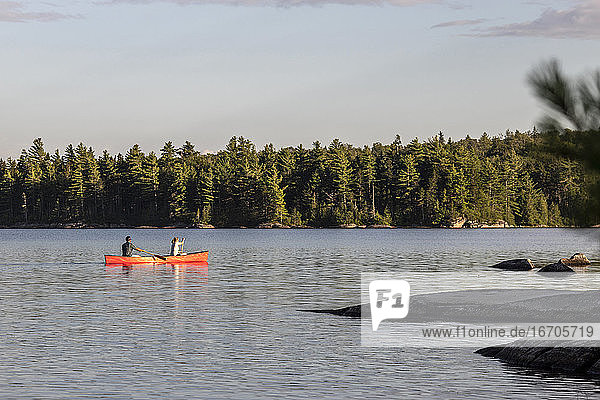 Ein Paar paddelt am späten Nachmittag auf einem ruhigen Teich in Maine Kanu