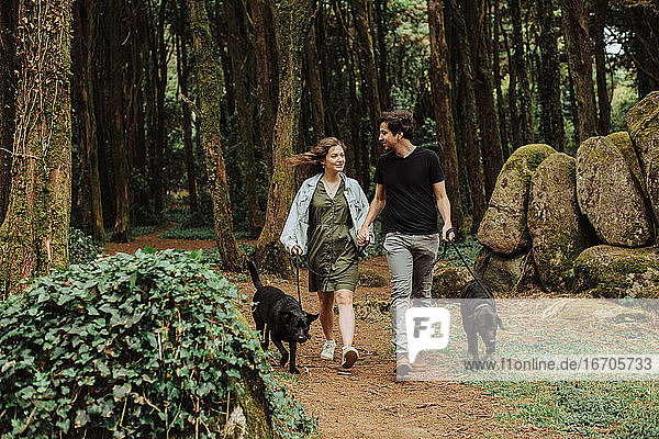 Couple with dogs on a leash smiling at each other  walking in forest