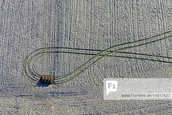 Tracks on a field covered with hoarfrost  structure  drone shot  aerial view  Mondseeland  Salzkammergut  Upper Austria  Austria  Europe