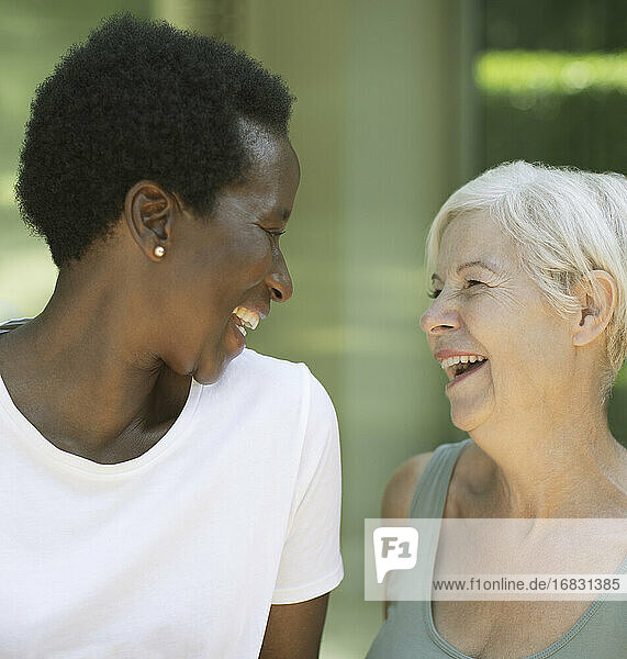 Glückliche Seniorinnen Freunde lachend