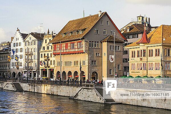 Guild houses on the Limmatquai  Haus zum Rüden  River Limmat  Old Town  Zurich  Canton of Zurich  Switzerland  Europe