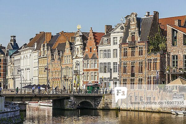 Historic houses on the quay Korenlei  River Leie  Old Town  Ghent  Flanders  Belgium  Europe