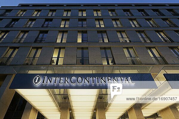 Hotel Intercontinental  illuminated logo on the building  Königsallee  Düsseldorf  North Rhine-Westphalia  Germany  Europe