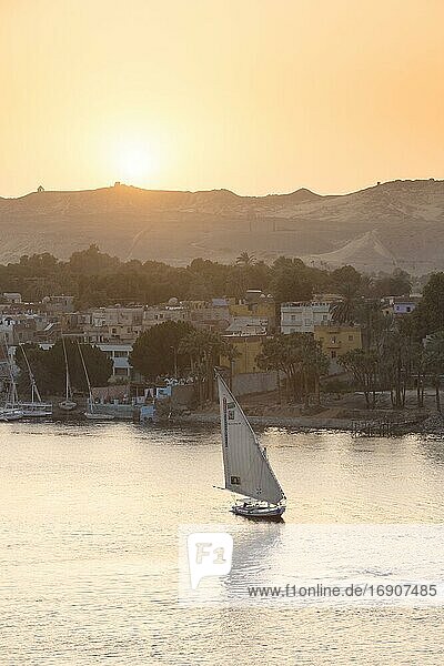 Feluke auf dem Nil bei Sonnenuntergang  Assuan  Ägypten  Afrika