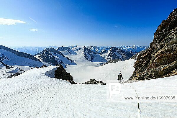 Mountaineer on a high climb on a long rope over a snowfield on the Altmann  Canton Valais  Switzerland  Europe