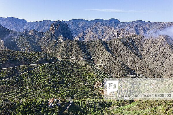 Tamargada settlement and Roque Cano mountain  near Vallehermosos  drone image  La Gomera  Canary Islands  Spain  Europe
