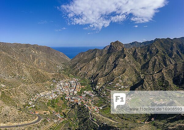Village Vallehermoso and mountain Roque Cano  drone image  La Gomera  Canary Islands  Spain  Europe