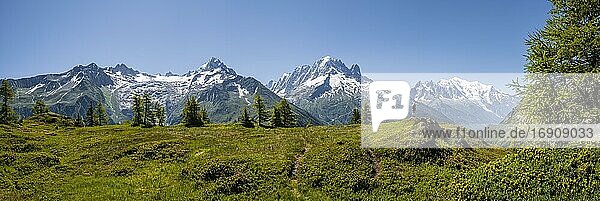 Wanderin blickt auf Bergpanorama vom Aiguillette de Poisettes  links Aiguille de Tour und Aiguille de Chardonnet  mitte Aiguille Verte und rechts Mont Blanc  Chamonix  Haute-Savoie  Frankreich  Europa
