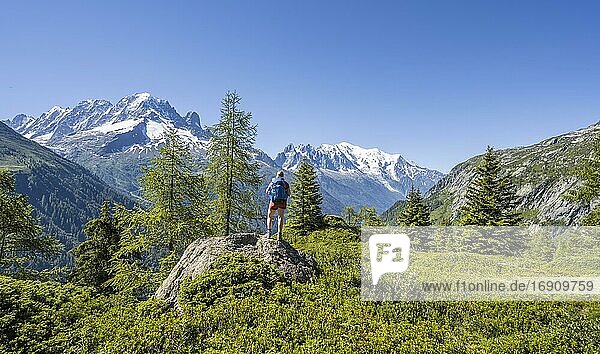Wanderin Blickt auf Bergpanorama vom Aiguillette des Posettes  Gipfel Aiguille Verte  Aiguille du Midi und Mont Blanc  Chamonix  Haute-Savoie  Frankreich  Europa