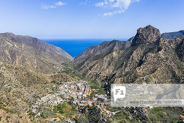 Village Vallehermoso and mountain Roque Cano  drone image  La Gomera  Canary Islands  Spain  Europe