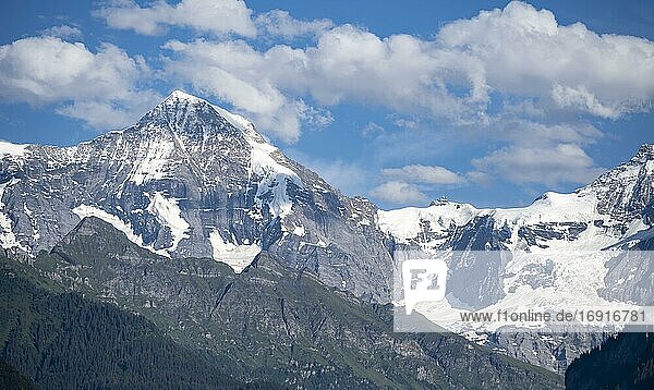 Blick auf Berggipfel  Mönch und Jungfraujoch  Jungfrauregion  Grindelwald  Bern  Schweiz  Europa