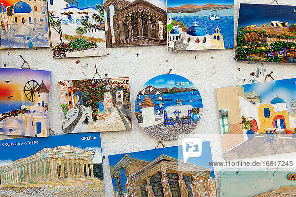 Souvenirs  bunte Tafeln von touristischen Zielen in Griechenland.