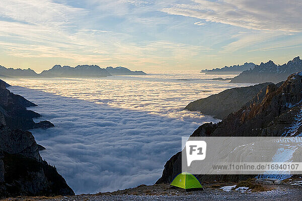 Tent above the clouds  Trentino-Alto Adige  South Tyrol in Bolzano district  Alta Pusteria  Hochpustertal Sexten Dolomites  Italy