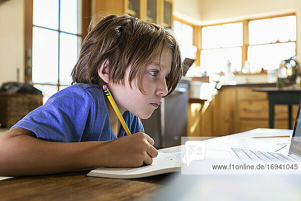 Young boy at home looking at a laptop screen  and writing in a notebook.