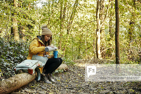 Frau sitzt auf Baumstamm im Wald gießt Getränk aus Thermoskanne