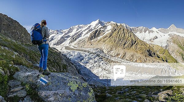 Bergsteigerin steht vor Gletscher  hochalpine Berglandschaft  Unteres Eismeer  Finsteraarhorn  Agasszishorn  Großes Fiescherhorn  Berner Oberland  Schweiz  Europa
