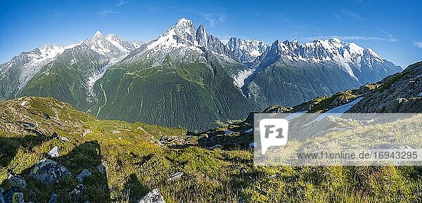 Mountain panorama  Glacier Mer de Glace and Glacier d'Argentière  Aiguille Verte  Aiguille du Midi  Aiguille du Moine  Mont Blanc  Grandes Jorasses  Mont Blanc massif  Chamonix-Mont-Blanc  Haute-Savoie  France  Europe
