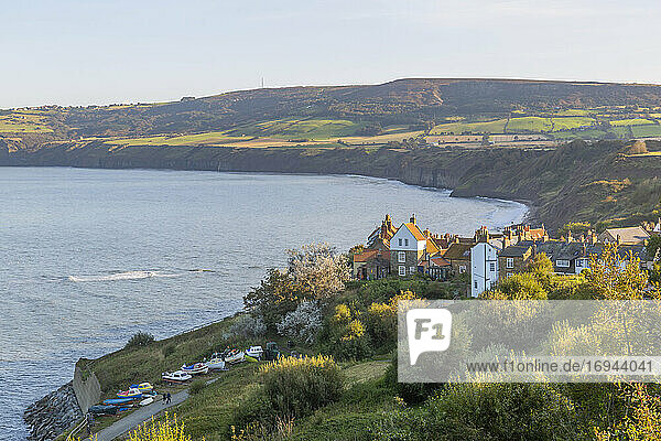 Panoramic view of old fishing village in Robin Hood's Bay  North Yorkshire  England  United Kingdom  Europe