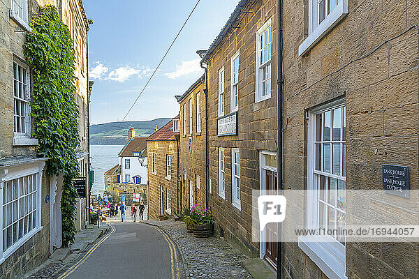 View of old coast guard station from King Street in Robin Hood's Bay  North Yorkshire  England  United Kingdom  Europe
