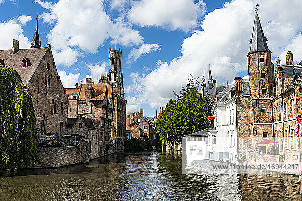 Rozenhoedkaai with the belfry  Bruges  UNESCO World Heritage Site  Belgium  Europe