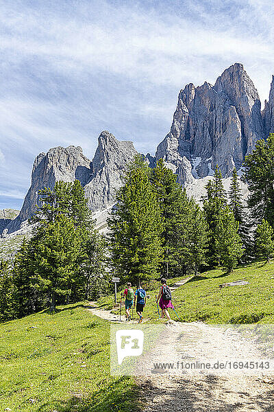 Hikers walking on the Adolf Munkel trail at foot of the Odle  Val di Funes  South Tyrol  Dolomites  Italy  Europe