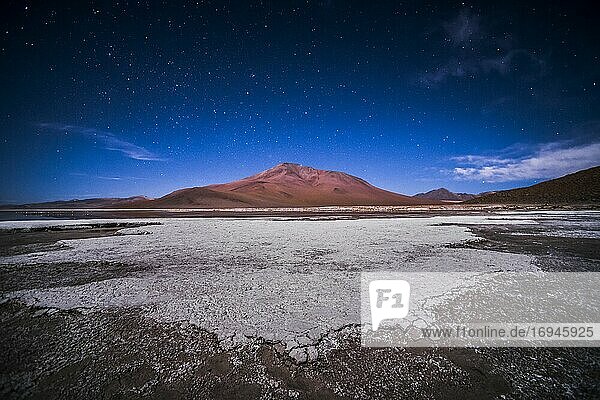 Stars over Chalviri Salt Flats at night (aka Salar de Chalviri)  Altiplano of Bolivia