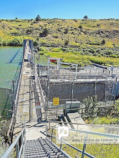 The Link River Dam along the Link River in the City of Klamath Falls  Oregon  U. S. A. The dam was completed in 1921 and built to control the water level in Upper Klamath Lake.